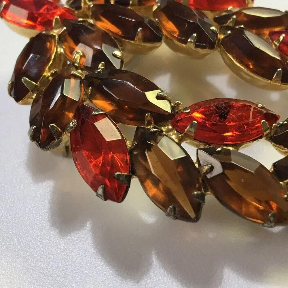 Vintage Glass Rhinestone Brooch Brown Topaz Color & Orange Navettes